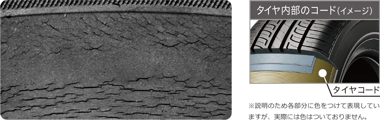 タイヤ内部のコード（イメージ）※説明のため各部分に色をつけて表現していますが、実際には色はついておりません。