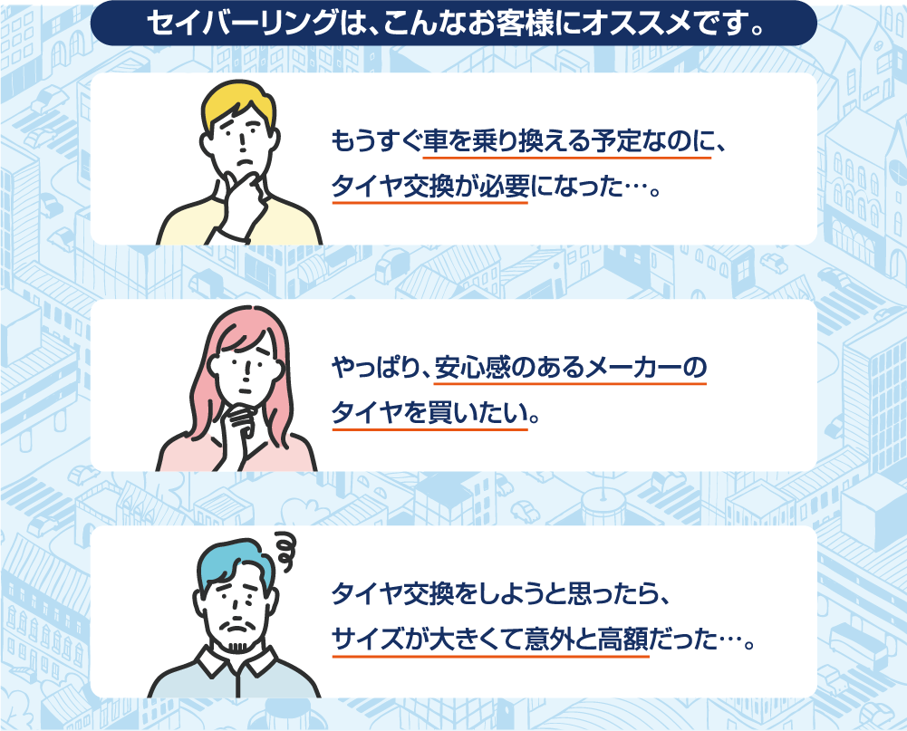 セイバーリングは、こんなお客様におすすめです。①もうすぐ車を乗り換える予定なのに、タイヤ交換が必要になった。②やっぱり安心できるメーカーのタイヤを買いたい。③タイヤ交換をしようと思ったら、サイズが大きくて意外と高額だった。